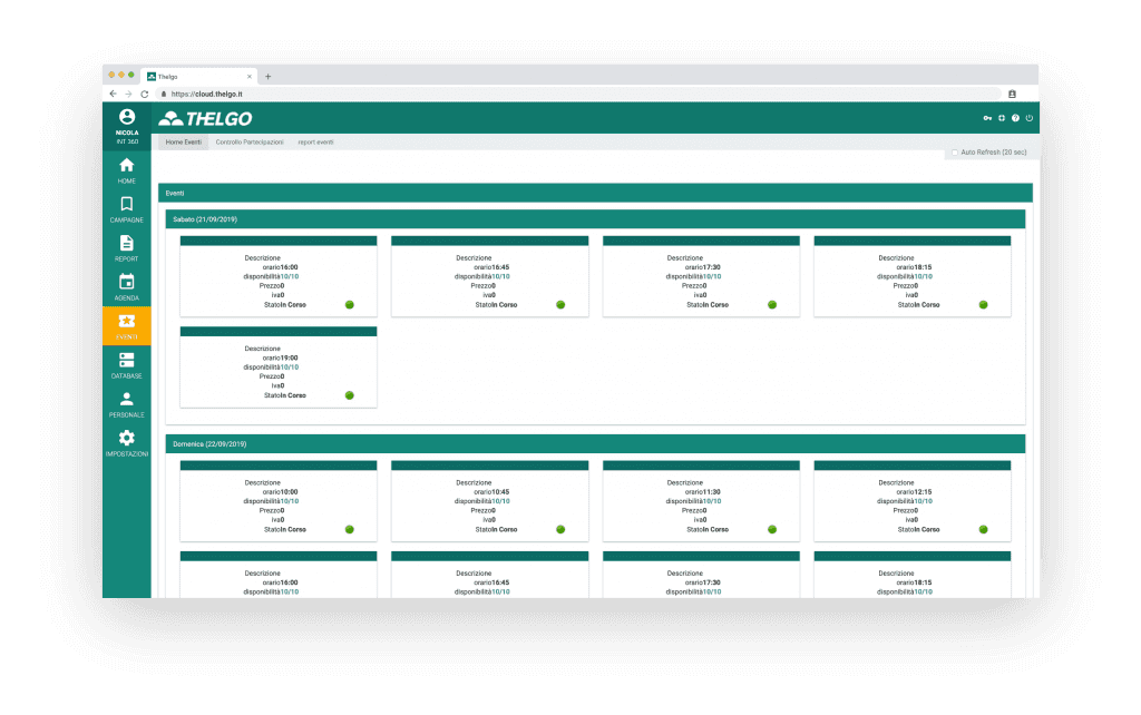 Schermata lista eventi